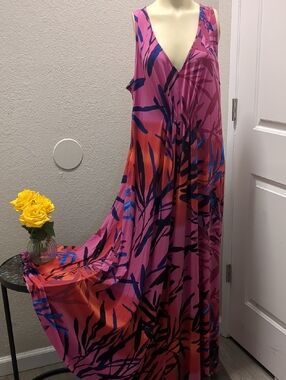 Natori Pink and Blue Tropical Print V-Neck Maxi Dress